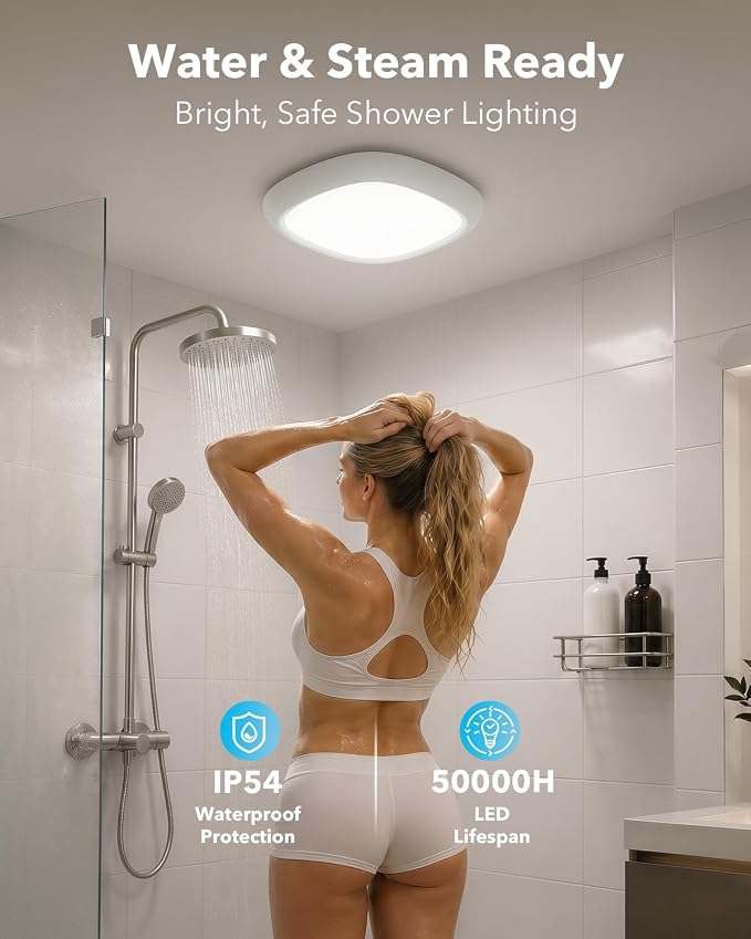IP54 Waterproof Shower Light, Rechargeable Ceiling Light with Remote | 550LM 12000mAh Battery Operated, No Wiring, Portable, Wireless Motion Sensor Closet Overhead Lights for Garage Hallway Pantry