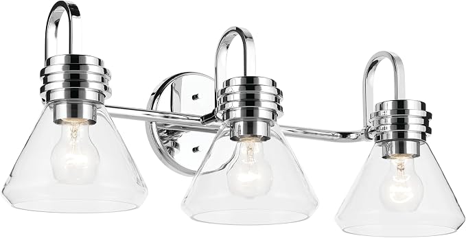 Kichler Farum 3-Light Bathroom Vanity Light, Chrome | Modern vanity light with clear glass for single or double bathroom mirrors (26" x 9.5"), 55155CHCLR