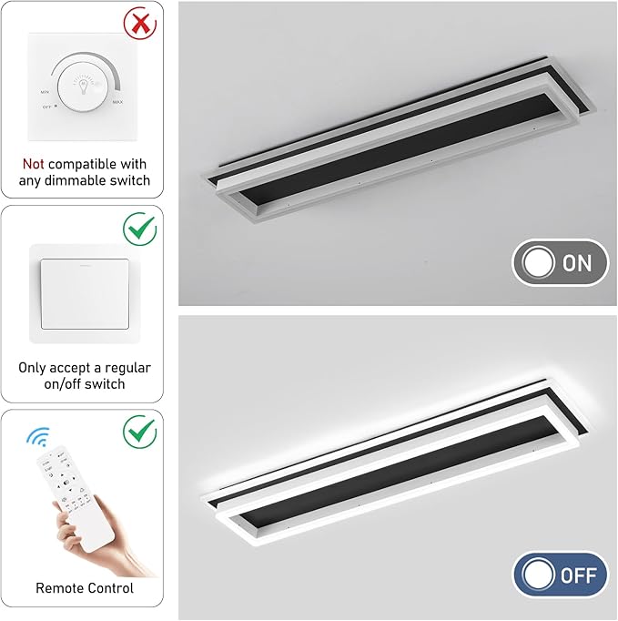 Dimmable Led Ceiling Light with Remote Control 31.5in Modern Linear Flush Mount Ceiling Lighting Fixture Acrylic Long Ceiling Lamp for Living Room Kitchen Dining Room Hallway (Black&White)