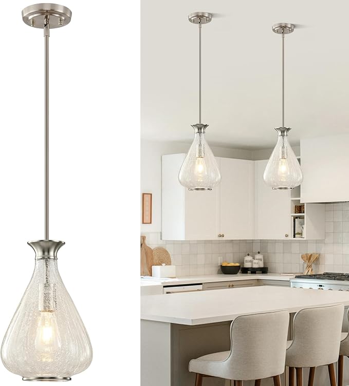 Modern Pendant Lights Kitchen Island, 1 Pack Brushed Nickel Pendant Light Fixtures with 8.5" Clear Crack Glass Shade, Industrial Hanging Pendant Lights Fixture for Kitchen Island Dining Room Entryway