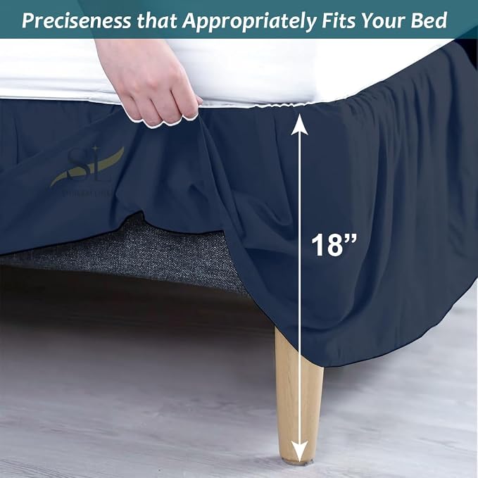 Shreem Linen Ruffled Bed Skirt with Split Corners, Gathered Style, 100% Microfiber, 18-Inch Drop, Dust Ruffle Bedskirt with Platform, Queen, Navy Blue
