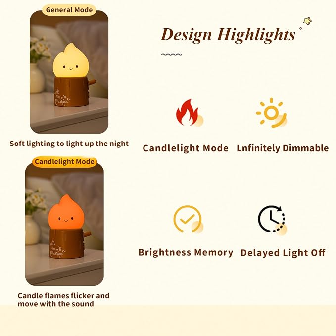 Led Cute Stump Fire Night Light, Dimmable Nursery Kawaii Lamps, Super Squishy Silicone USB Rechargeable Timer Night Lamp for Kids Adults, Used for Camping Party Room Decor (Stump Fire)