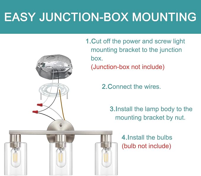Bathroom Light Fixtures 3-Light Bathroom Vanity Light Brushed Nickel | Stainless steel body, Clear glass shade, E26 scoket, Anti-rust, Easy to install, Vanity lighting fixtures, Over mirror, 18 in