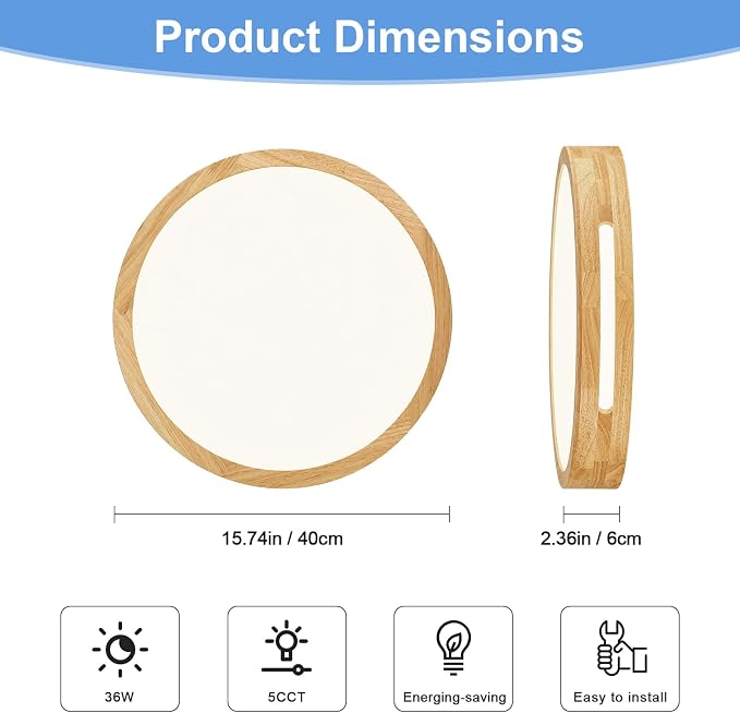 Pevfah Modern Wood Flush Mount Ceiling Light, Round Dimmable Close to Ceiling Lighting Fixtures, Minimalist LED Ceiling Lamp for Bedroom, Kitchen, Hallway, Laundry Room, 2700K-6000K 5CCT, 15.74in