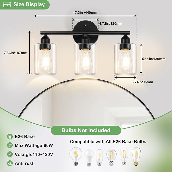 3-Light Black Modern Bathroom Vanity Light Fixtures, 17.3" | Glass Shade, For Bathroom Mirror, Kitchen, Living Room, Bath, Metal