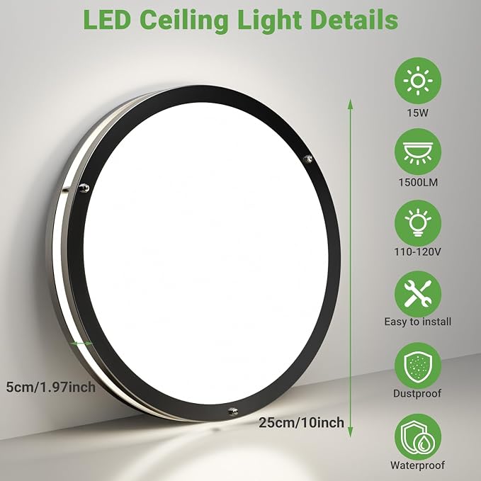 zemty 10Inch Black LED Flush Mount Ceiling Light Fixture, Dimmable &5CCT(3000K-6500K) Adjustable, 15W IP44 Damp-Rate Ceiling Lamp for Hallways, Bathrooms, Closets, Laundry Rooms-4Pack