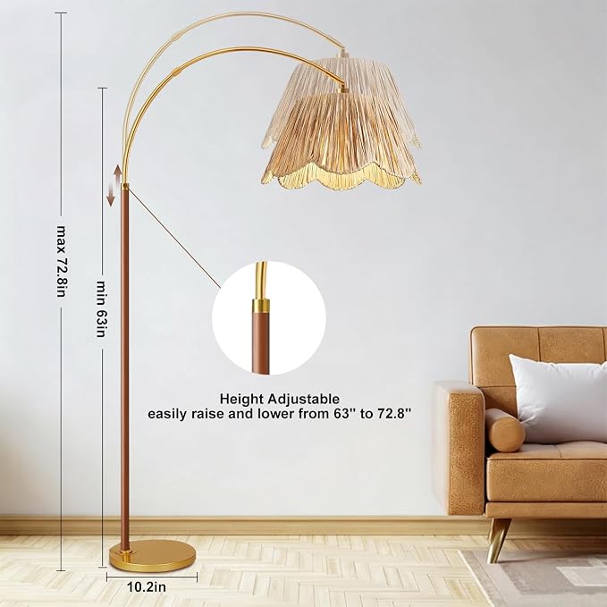 Vintage Arc Floor Lamps for Living Room Farmhouse Wood Floor Lamp with Remote Control,Dimmable Rattan Floor Lamp Boho Standing Lamp with 3 Color Temperature Wicker Tall Floor Lamp for Bedroom Corner