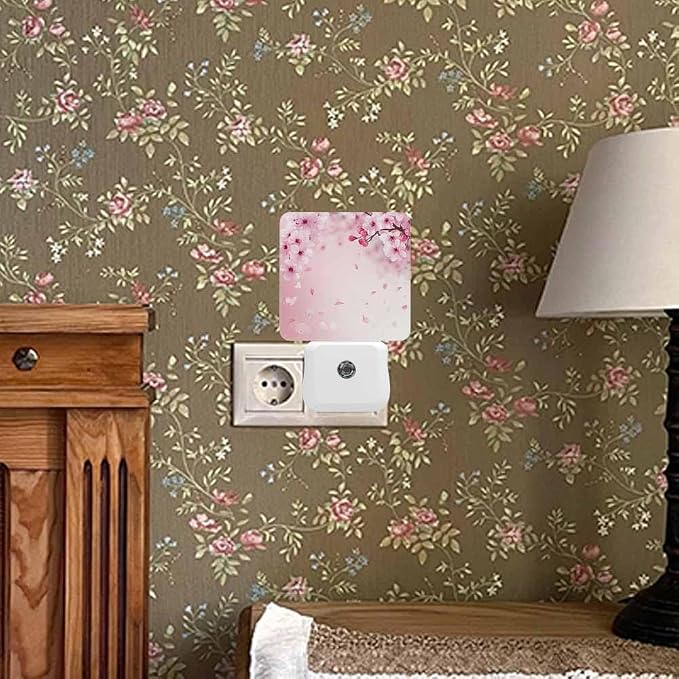 Cherry Blossoms Night Light Pink Flowers Plug into Wall with Dusk to Dawn Light Sensors 0.5W Warm Nightlights for Bedroom Bathroom Hallway