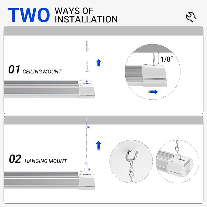 Barrina BS84 LED Shop Lights 4FT for Workshop, 84W 10000LM 6500K, 1 Pack | 4FT for Garage Basement, Hanging or Flush Mount, Linkable to 3, Hidden Wiring, with Pull Chain Switch, Frosted Cover, White
