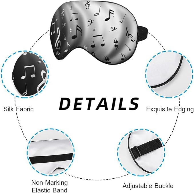 Music Notes Sleep Eye Mask Black White Gray Shadow Silk Eye Mask Sleeping Soft Eye Shade Cover for Men Women Boy Girl Airplane Travel with Elastic Strap