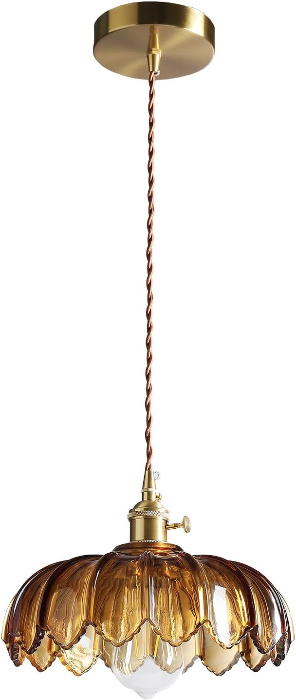 XZHGCEE Pendant Lights Kitchen Island: Amber Glass Hanging Light Fixture with Rotating Switch, E26 Base - Modern Lighting for Dining Room, Bedroom & Living Room