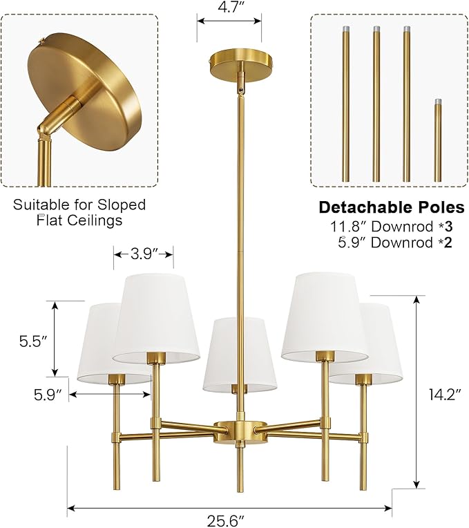Dining Room Chandeliers Light - 5-Light Gold Modern Chandeliers Light Fixtures with White Fabric Shade, Height Adjustable Pendant Island Light for Entryway Farmhouse
