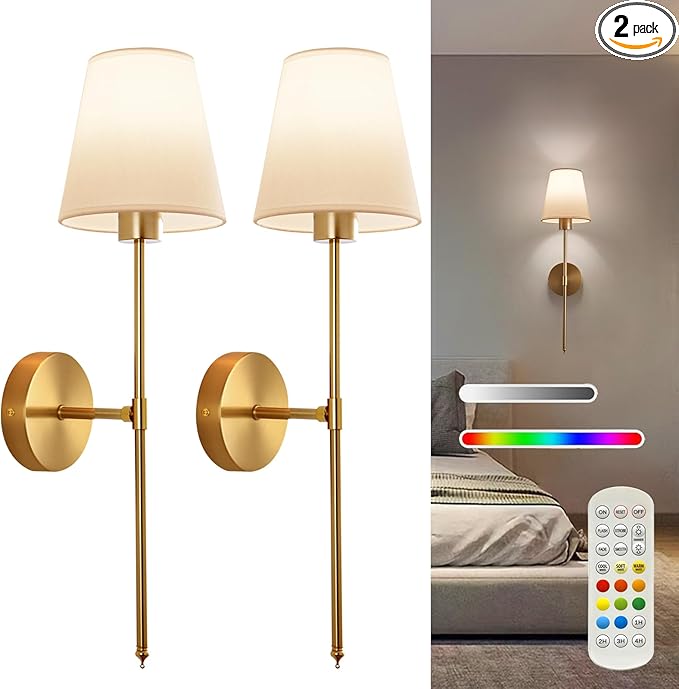 Battery Operated Wall Sconce Set of 2, Gold Rechargeable Wireless Wall Lights with Remote - 5000mAh Dimmable RGB Bulbs | 15 Color, Cordless Wall Lamps for Bedroom, Living Room, Hallway Decor