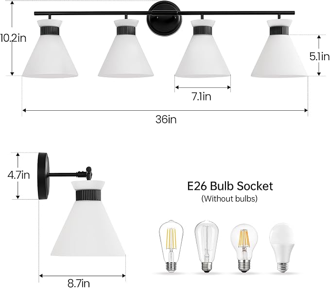 Black Bathroom Vanity Light Fixtures: Bathroom Lighting Fixtures over Mirror 36 inch with Milky White Frosted Glass, 4 Bulbs Farmhouse Vintage Vanity Lighting Bathroom Wall Light(Exclude Bulb)