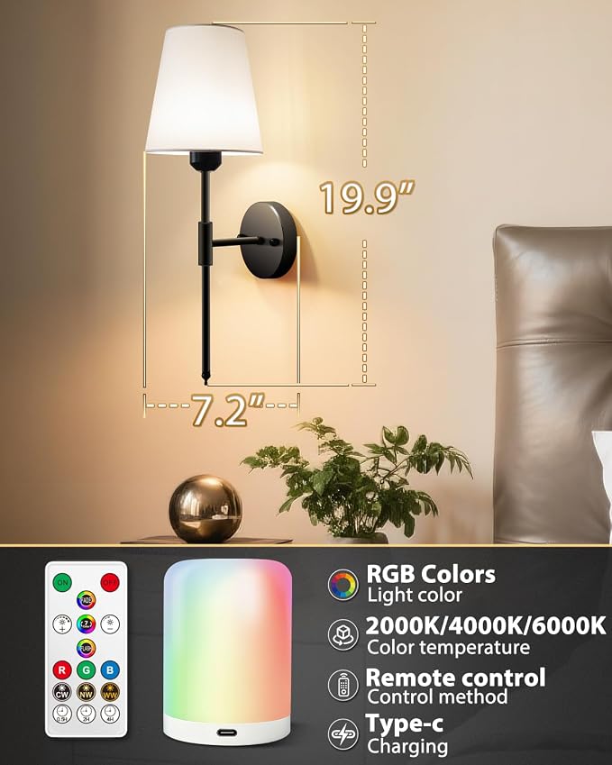 Adetu Battery Operated Wall Sconce Set of 2, Black Wall Sconces with 10000mAh