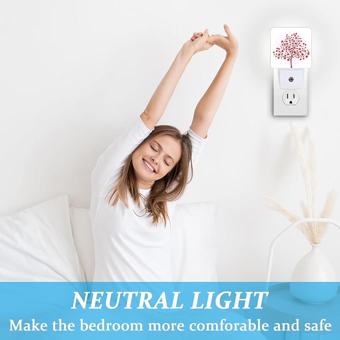 Red Heart Tree Night Light, Plug-into Wall Valentine's Love Leaves Nightlight Lamp with Dusk to Dawn Sensor, Led Lamp 0.5W Energy Efficient for Boys Girls Adults Home Decor