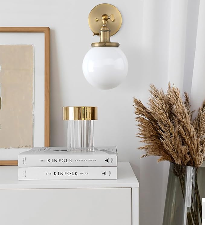 Pathson Hardwired Wall Sconce with White Globe, Brass Bathroom Vanity Light with On Off Switch, Vintage Wall Light Fixtures for Living Room Loft Hallway