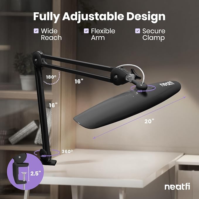 Neatfi XL 2200 Lumens 24W LED Desk Lamp – Shadow-Free Task Lighting | 4-Level Dimming | Home Office & Crafts Use | 20-Inch Wide Head (Space Gray, Non-CCT with Clamp)