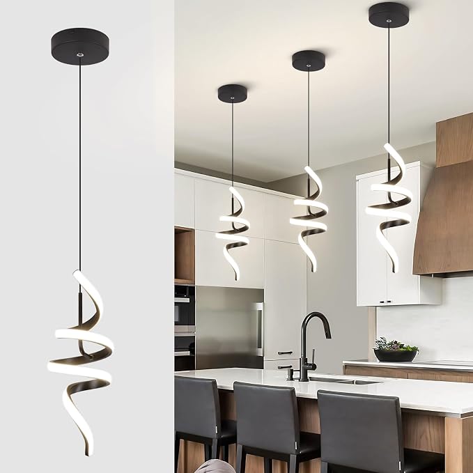 4000K Modern Pendant Light, 15IN Spiral LED Pendant Lights Adjustable Height Black Kitchen Island Fixtures Chandeliers for Dining Room Hanging Lights, 1 Pack (Black,4000K, Hardwired,2PACKS)
