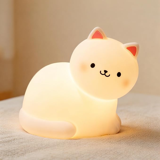 Squishy Cat Night Light with RGB Modes Cute Cat Lamp Warm White 3 Brightness Adjustable Nursery Breastfeeding Nightlight Rechargeable Silicone Soft Touch Bedside Animal Lamp for Bedroom Dorm Decor