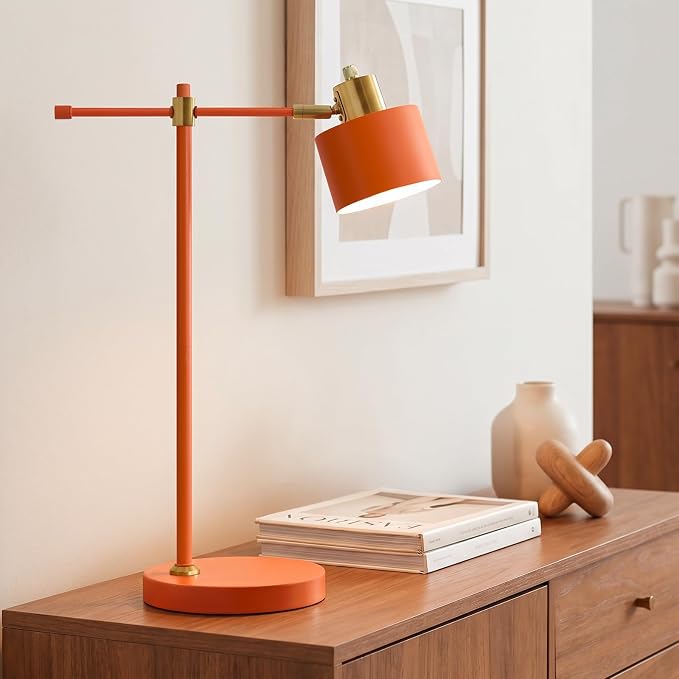 22.2" Modern Desk Lamp, Metal Table Lamp with LED Bulb, Adjustable Reading Lamps for Living Room, Mid Century Task Lamp for Home Office, Industrial Bedside Lamps with Solid Base, Orange
