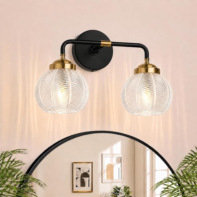 MOKATNG Bathroom Light Fixtures, 2-Light Clear Vanity Lights with Unique Leaf Texture Glass Shade, Modern Matte Black and Gold Bathroom Wall Lamp for Mirror Hallway Cabinet Living Room