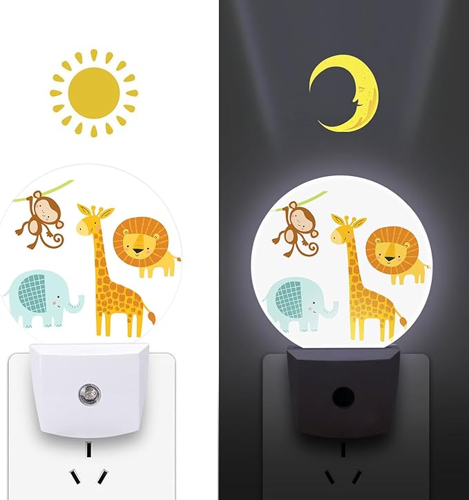 Round LED Night Light,Cute Jungle Animal LED Night Light Plug into Wall with Dusk to Dawn Light Sensor White Energy Efficient Nightlight for Bedroom Bathroom Hallway Living Room Kitchen