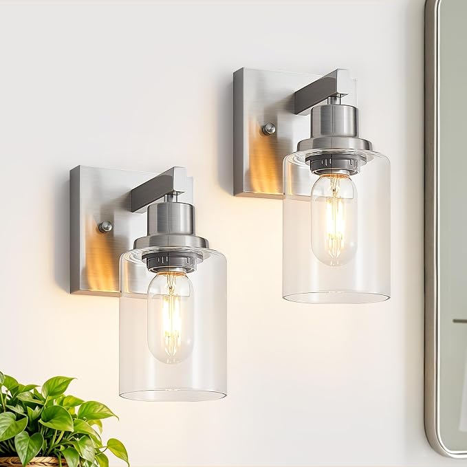 Bathroom Wall Sconces Set of 2,Brushed Nickel Wall Sconce,Vanity Light with Clear Glass Wall Mounted Light Fixture,Farmhouse Wall Lamp for Bedroom Living Room Mirror Hallway