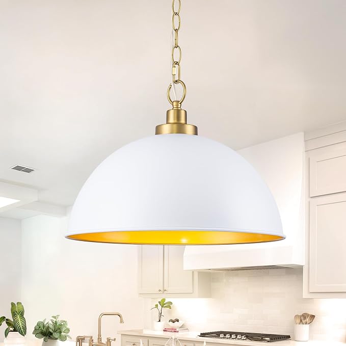 Lingkai Farmhouse Pendant Light Fixtures, 15.7" White and Gold Dome Pendant Lighting Kitchen Island, Adjustable Height Vintage Hanging Ceiling Lights for Kitchen Island Dining Room Foyer Restaurant