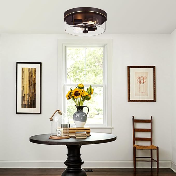 Flush Mount Ceiling Light Fixtures, 2-Light Oil Rubbed Bronze Ceiling Mount for Farmhouse with Clear Glass Lampshade, Industrial Flush Mount Light Fixture for Hallway, Kitchen, Entryway and Foyer