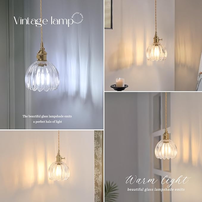 Shenmoyl Vintage Wall Sconce Wall Lamp Clear Tulip Shade Pattern Glass Adjustable Chain Retro Gold Wall Mounted Light, Wall Lamp Fixtures Decor for Bedside Bedroom Indoor Doorway