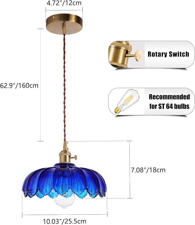 XZHGCEE Pendant Lights Kitchen Island:Vintage Blue Pendant Light Fixtures Glass Small Pendant Light Dining Room, Blue Hanging Lamps for Living Room, Schoolhouse, Entryway, Foyer, E26