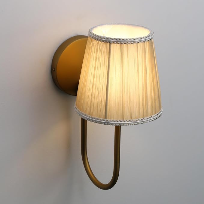 Vintage Set of 2 Fabric Wall Sconce Beige-Khaki Gauze Cloth Shade, Hardwired Curved Arm Bathroom Vanity Lights, Indoor Wall Decor Lamp for Living Room, Kitchen, Bedroom, Foyer