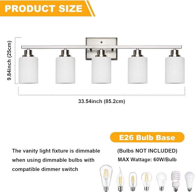 5-Light Bathroom Light Fixtures, Modern Brushed Nickel Vanity Light Over Mirror, Wall Sconces with Milky White Glass Shades for Living Room Bedroom Hallway E26 Base