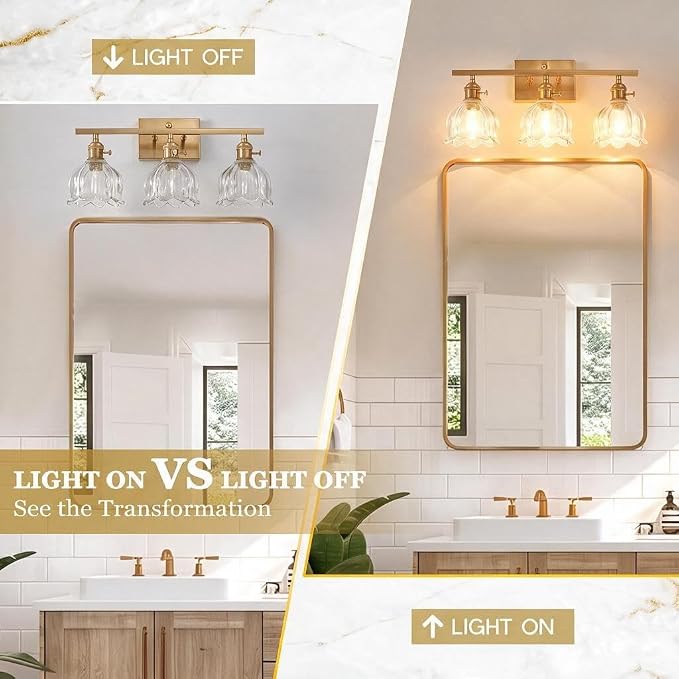 3-Light Vintage Bathroom Vanity Light, 19.4" Brass Hardwired Wall Sconce with Amber Tulip Glass Shades, Brushed Gold Vanity Light for Mirror, Restroom, Bedroom (Clear, 3-Light)