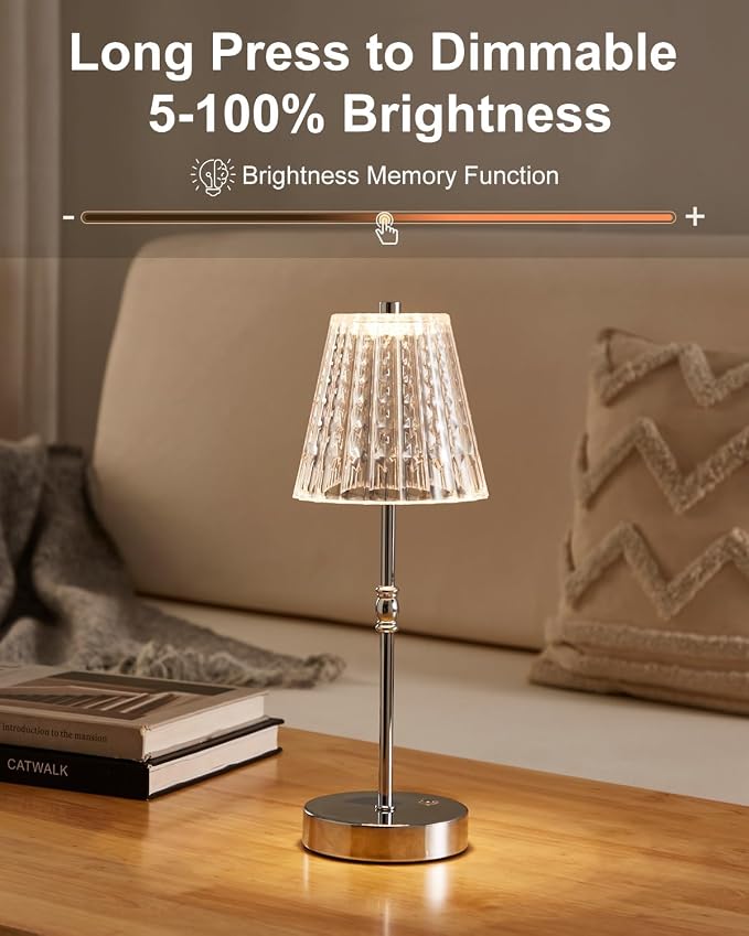 SAIWEYA Cordless Table Lamp Battery Operated Touch Dimming Crystal Lamp | 3 Colors Modes, Rechargeable LED Desk Lamp Night Light for Bedroom, Kitchen, Bar, Office
