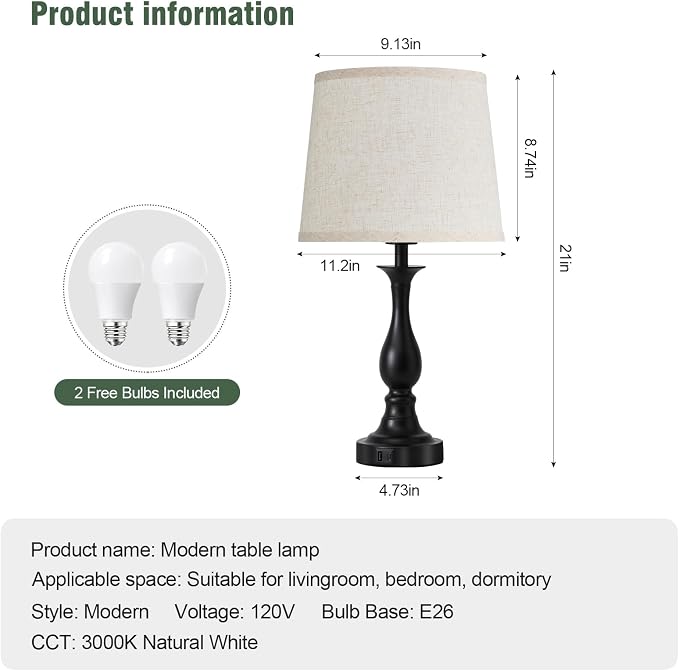 Bedside Table Lamp Touch Control Bedroom Lamps with USB A + C Charging Port 3 Way Dimmable Touch Lamps for Nightstand Living Room Bedroom Dorm Home Office Reading, Set of 2 (Beige Shade & Black Base)