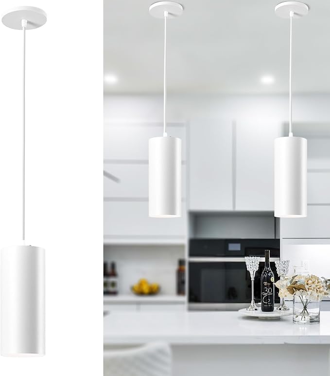 4" Pendant Lights Kitchen Island, 25W Cylinder Hanging Lights with Dipswitch, Modern Eye Care Led Pendant Lamp fixtures for Bedroom, Living Room, Office (White, 2 Pcs)