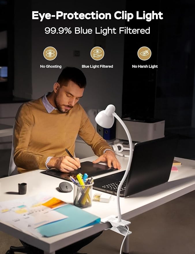 Clip on Lamp USB Reading Light, 3 Color Modes, White | 10 Brightness Dimmable, 360° Flexible Desk Lamp with Clamp, Eye Care Clip on Light for Bed Desk Headboard Home Dorm