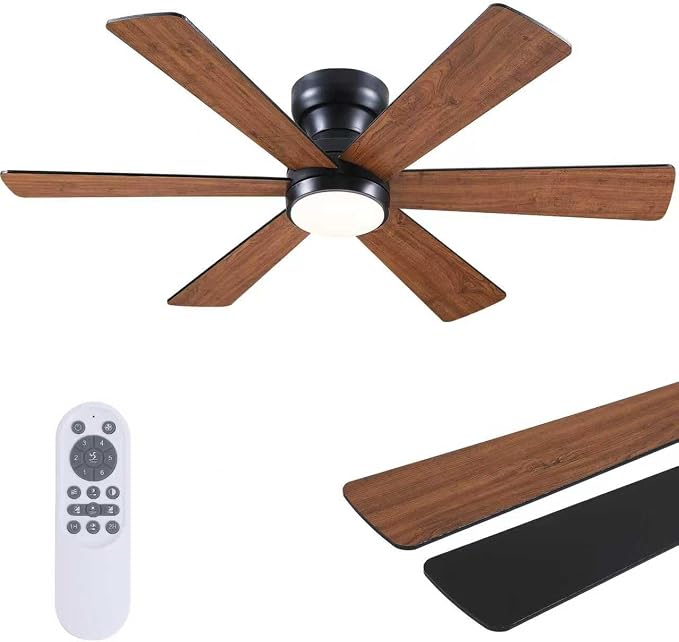 Asyko 46"Brown 6-Blade Modern Low Profile Ceiling Fan with Light and Remote | 6 Double-Sided Blades,6 Wind Speeds, Reversible,Dimmable 3 CCT LED Light, 25W Quiet DC Motor,1/2H Timer,for Bedroom Kitchen