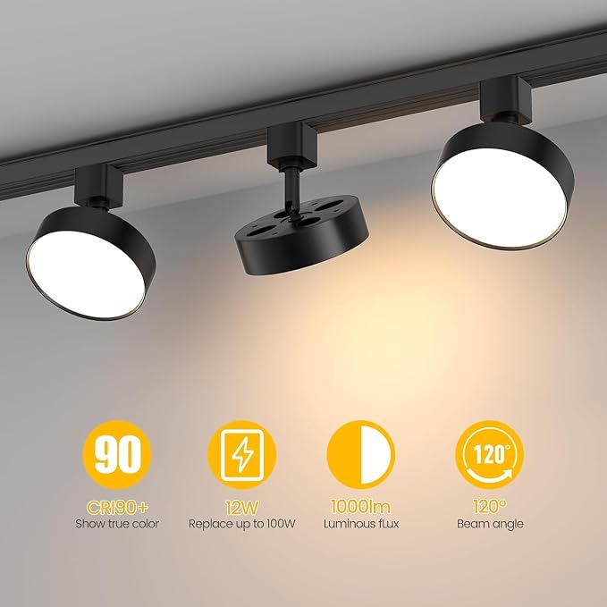 Diffuse J Type Track Lighting Heads, 12W Black 4 Pack | Dimmable LED Track Light Heads, Compatible with J Track Rails, Ceiling Track Lighting, Flicker Free CRI90+, 3000K 1000lm