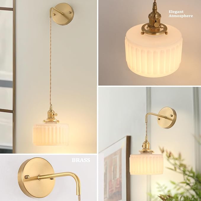 Shenmoyl Battery Operated Wall Sconce with White Striped Shade Pattern Glass Adjustable Chain Retro Gold Wall Mounted Light, Modern Wall Lamp Fixtures Decor for Bedside Bedroom Indoor Doorway
