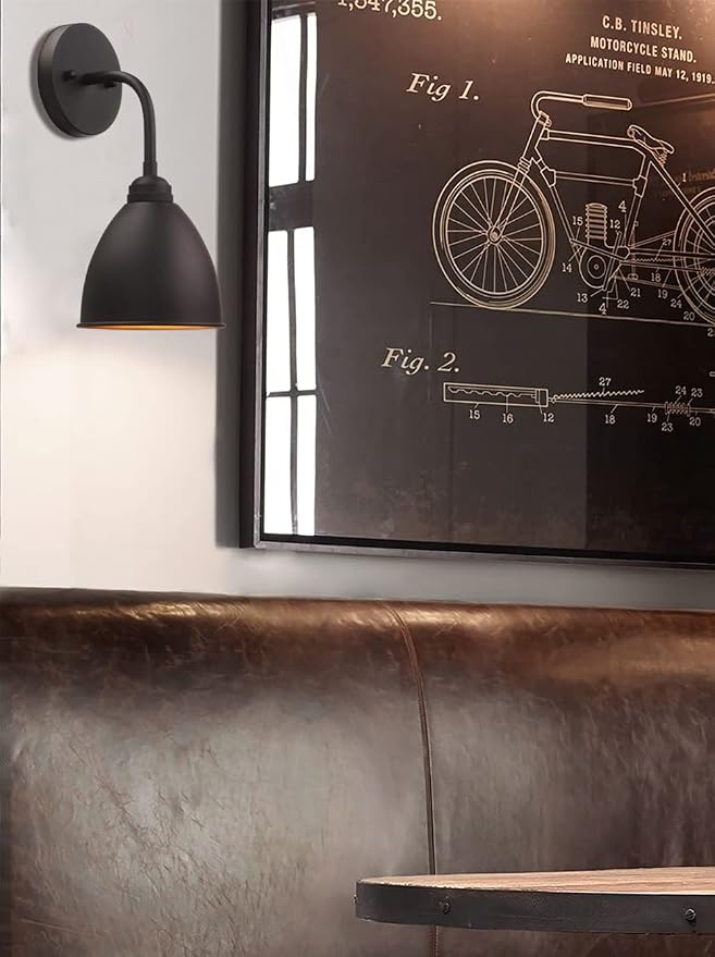 Phansthy Industrial Wall Sconce Matte Black Barn Farmhouse Wall Light Fixture with Metal Lampshade (gooseneck)