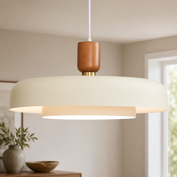 Mid Century Modern Pendant Light: 20" 2-Tiered Cream Metal Nordic Lighting | Wood Brass Iron Hanging Ceiling Light, Kitchen Pendant Lighting Over Island, Dining Room Bedroom Hallway Entryway Chandelier