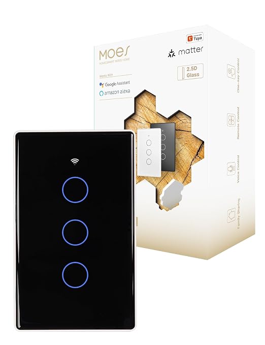 MOES Matter Smart Light Switch, 2.5D Glass Touch, Alexa & Google, 3 Gang | Premium 2.5D Glass Panel, Matter WiFi, Apple Home, Alexa Google SmartThings, Touch Control, Timer Schedule, Neutral Wire 10A