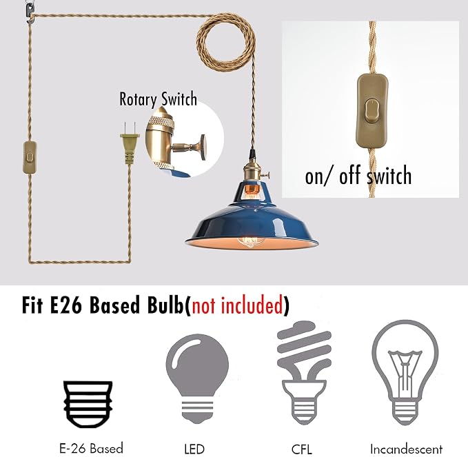 YUBOLE Farmhouse Plug-in Pendant Light-Dark Blue Barn Hanging Light | Adjutable Hanging Cord with On-Off Switch Swag Lamp Renter Fridenly for Kitchen Bar Cafe Bedroom Loft