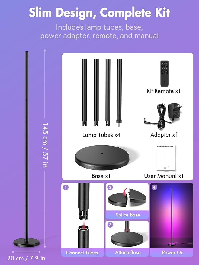 RGBICW Corner Floor Lamp, Smart LED Floor Lamp for Ambient Lighting with 16 Million Colors, App & Remote Control, 68 Scene Modes, Music Sync, Adjustable Warm White for Bedroom Living Room