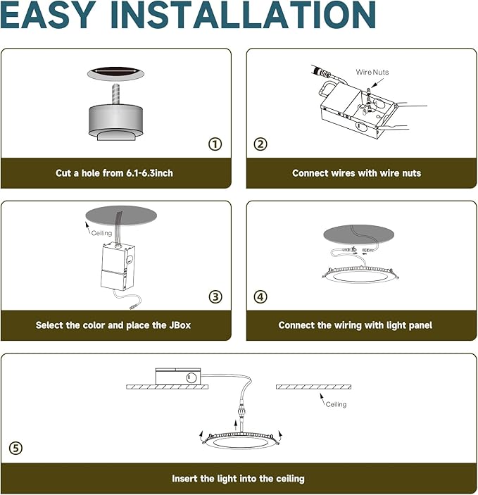 ECOELER 6 Inch 5CCT LED Recessed Ceiling Light with Junction Box, 2700K/3000K/4000K/5000K/6000K Selectable, 12W 1100Lm, Dimmable Dimmable Can-Killer Downlight, ETL& FCC, 12 Pack