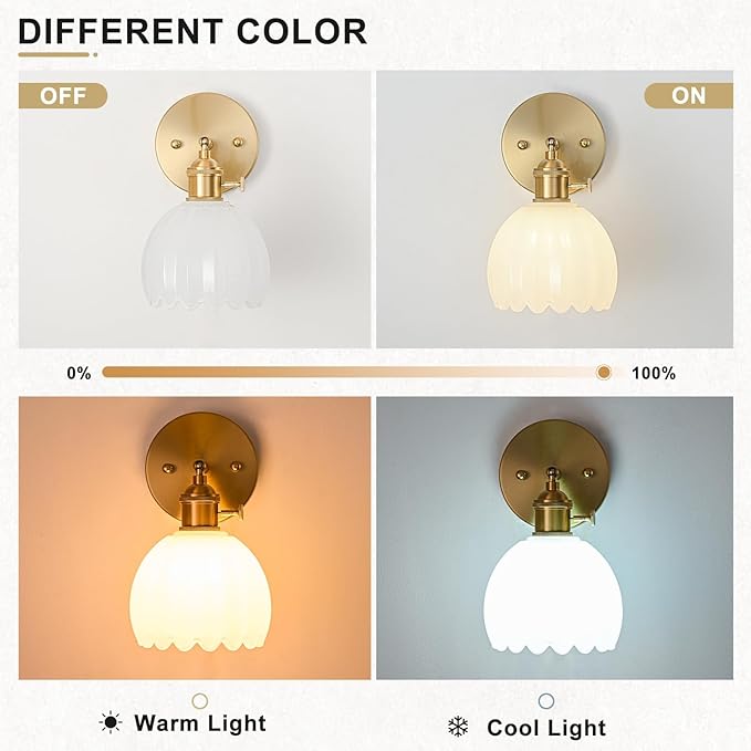 Wall Sconces Set of Two Hardwired, Vintage Sconce Light with Tulip Milk White Glass Lampshade, Bathroom Wall Lights with Switch, Gold Wall Light Sconces Wall Decor Set of 2