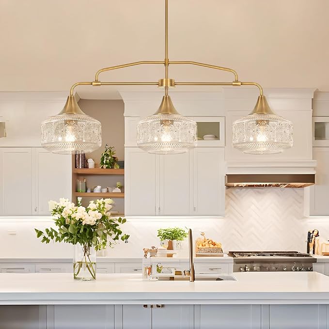 Farmhouse 3-Light Adjustable Kitchen Island Lighting with Clear Glass Shades, Brass Gold Finish Pendant Lights for Dining Room Table, Industrial Island Lights Chandelier for Modern Home Decor